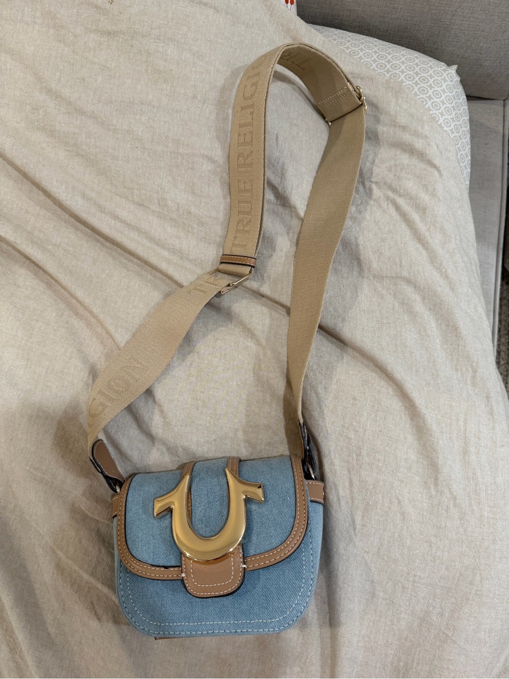 True Religion Blue Denim Crossbody Bag with Tan Trim and Gold Hardware